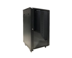 22U WALL MOUNT / STAND NETWORK CABINET - LOCKING GLASS DOOR, CASTERS WITH BRAKE