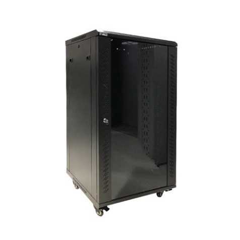 22U WALL MOUNT / STAND NETWORK CABINET - LOCKING GLASS DOOR, CASTERS WITH BRAKE