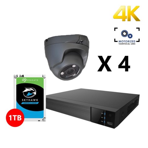 Four 4K HD Analog Motorized Turret Grey Cameras Kit, EyeOnet