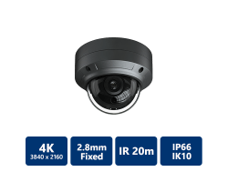 EYEONET 4K Ultra HD IP IR Water-resistant Vandal Dome, 2.8mm Fixed, Grey