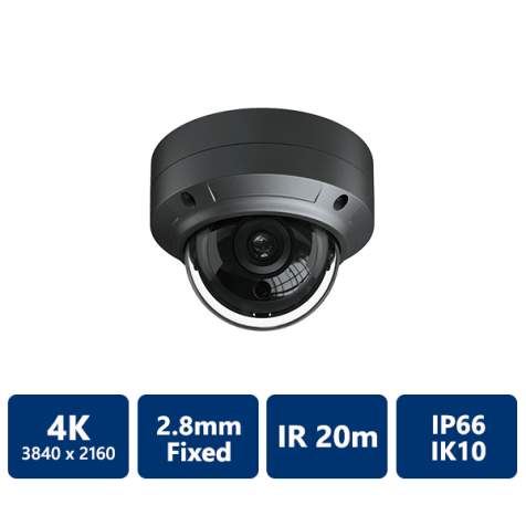 EYEONET 4K Ultra HD IP IR Water-resistant Vandal Dome, 2.8mm Fixed, Grey