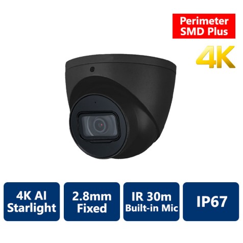 4K AI Perimeter & SMD+ Starlight True WDR IR IP Turret, 2.8mm Fixed, Black