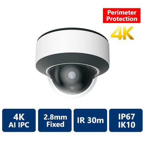 EYEONET 4K AI Perimeter IP IR Water-resistant, 2.8mm Fixed, Vandal Dome Camera