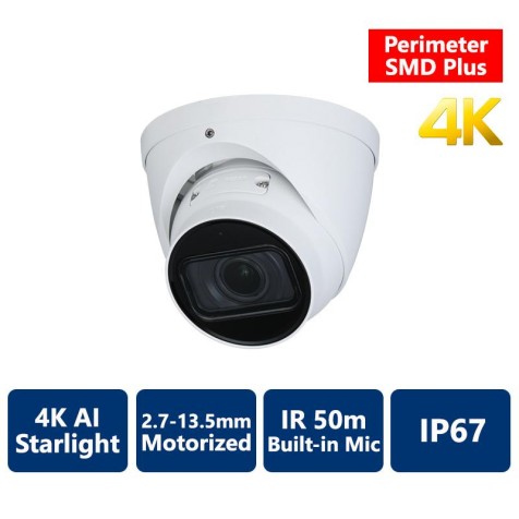 4K AI Perimeter & SMD+ Starlight True WDR 50m IR IP, 2.7-13.5mm Motorized, Turret Camera
