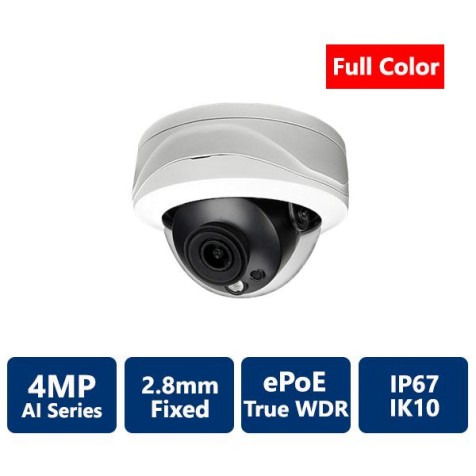 4MP Full Color True WDR IP AI, 2.8mm Fixed, Vandal Dome Camera