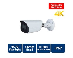 4K AI Perimeter & SMD+ Starlight True WDR IR IP, 3.6mm Fixed, Bullet Camera