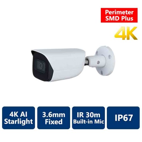 4K AI Perimeter & SMD+ Starlight True WDR IR IP, 3.6mm Fixed, Bullet Camera