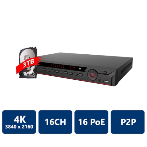 16 Channles 1U 16PoE 4K H.265 Network Video Recorder with 3TB HDD